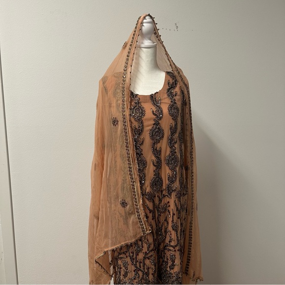 Peach Bronze and Red Embroidered Two-Piece Salwar Kameez | Size Approx. Large - Picture 2 of 12